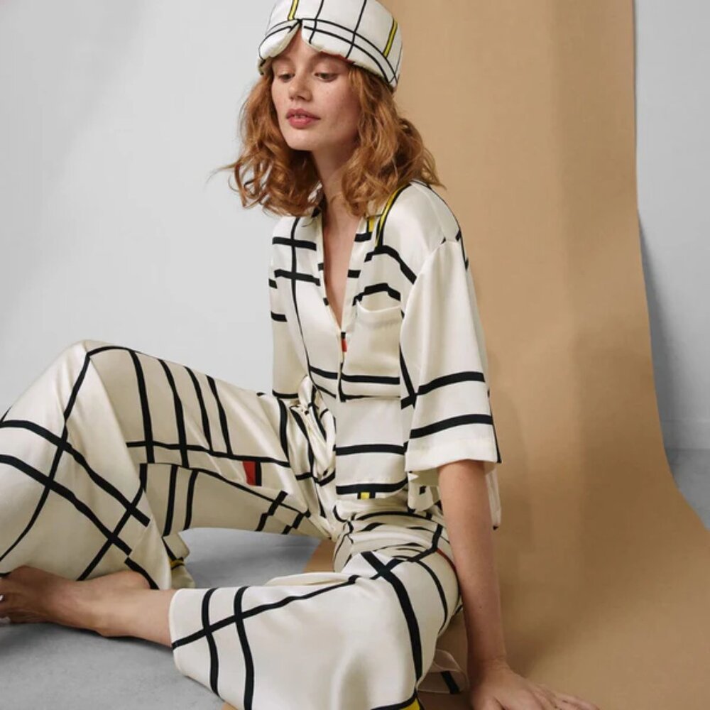 Lunya Washable Silk Pajama Pants Set - Mondrian Print